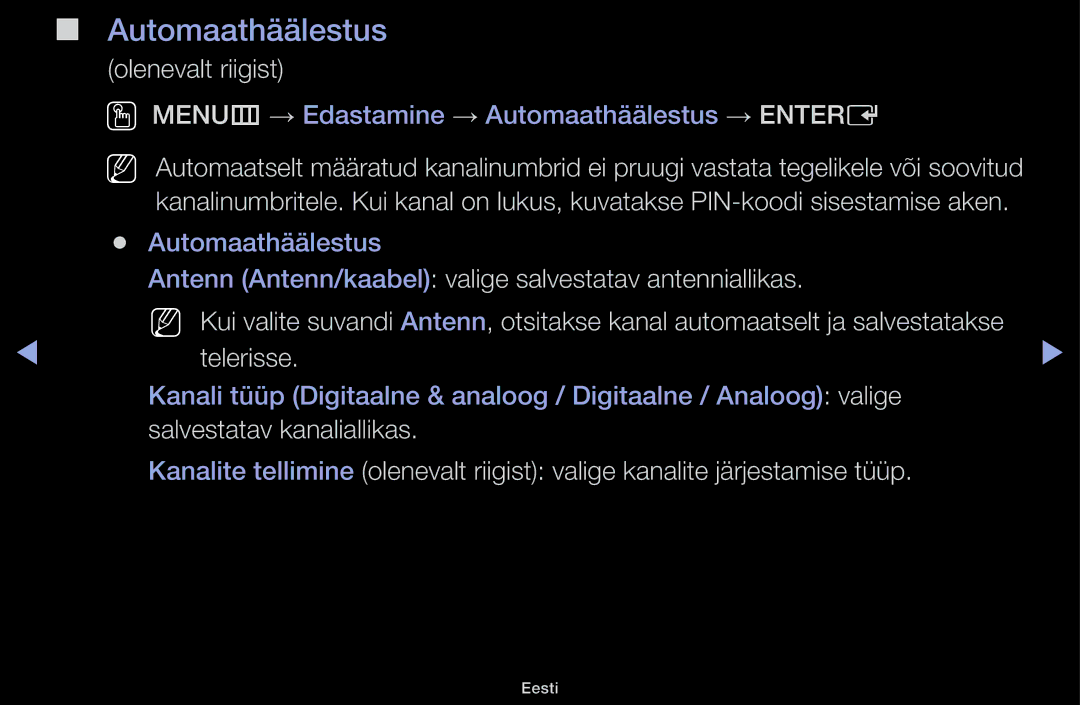Samsung UE40H5030AWXXH manual Automaathäälestus, Olenevalt riigist, Antenn Antenn/kaabel valige salvestatav antenniallikas 