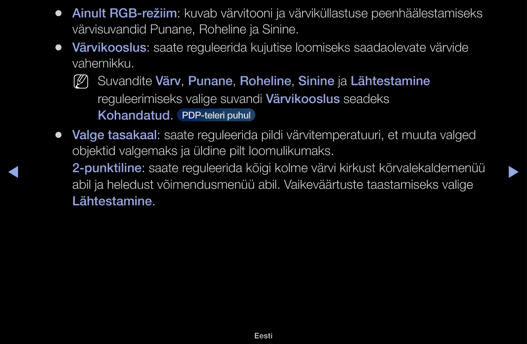 Samsung UE32H4000AWXBT, UE32H5030AWXXH, UE50J5100AWXBT Reguleerimiseks valige suvandi Värvikooslus seadeks, Lähtestamine 