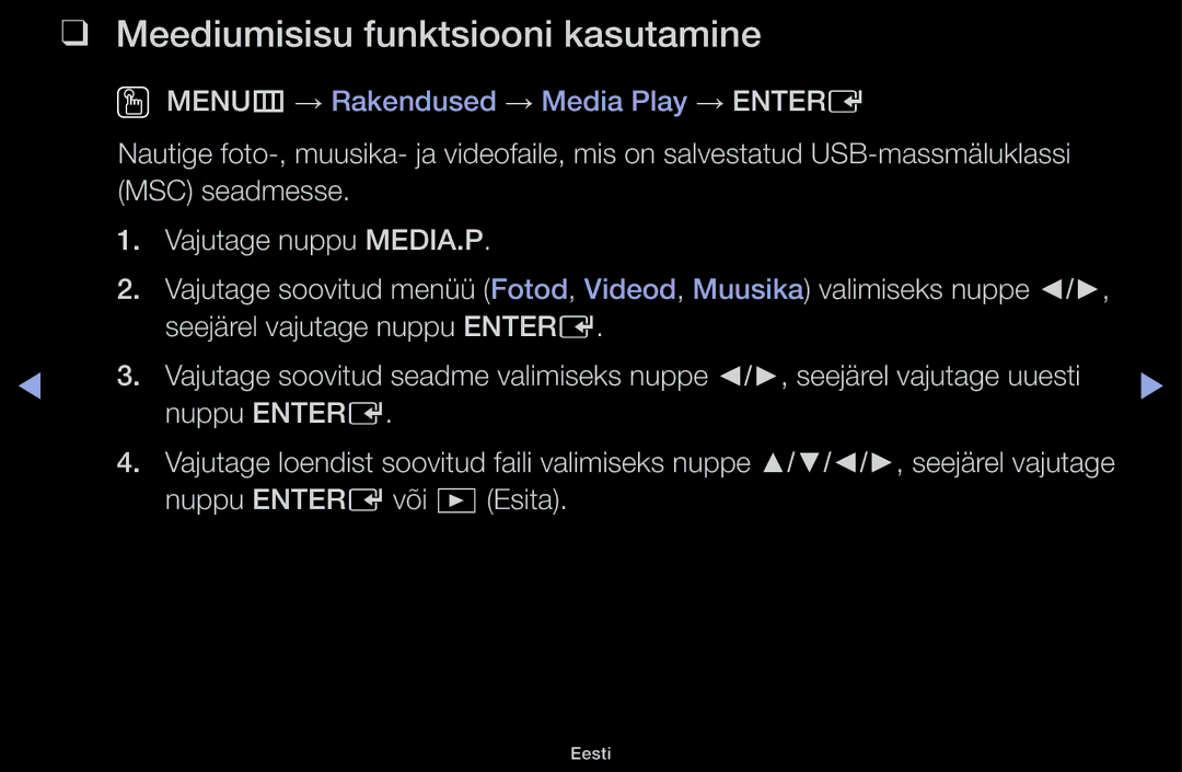 Samsung UE40J5100AWXBT, UE32H5030AWXXH, UE50J5100AWXBT manual Meediumisisu funktsiooni kasutamine, Nuppu Entere või ∂Esita 