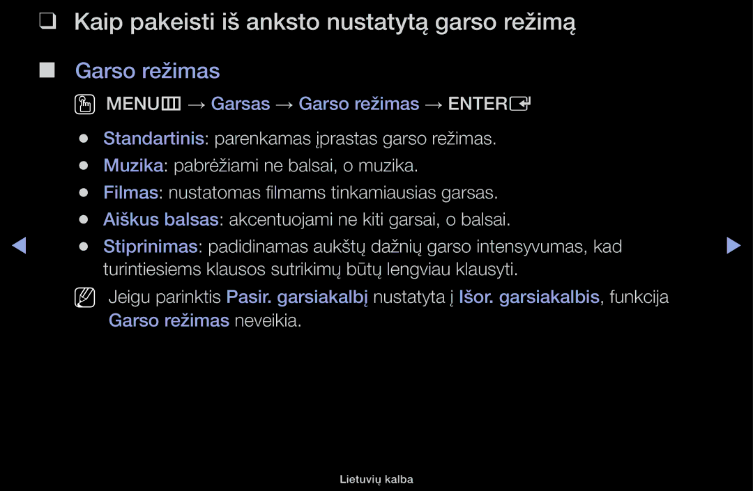 Samsung UE32J5100AWXBT, UE32H5030AWXXH, UE50J5100AWXBT manual Kaip pakeisti iš anksto nustatytą garso režimą, Garso režimas 