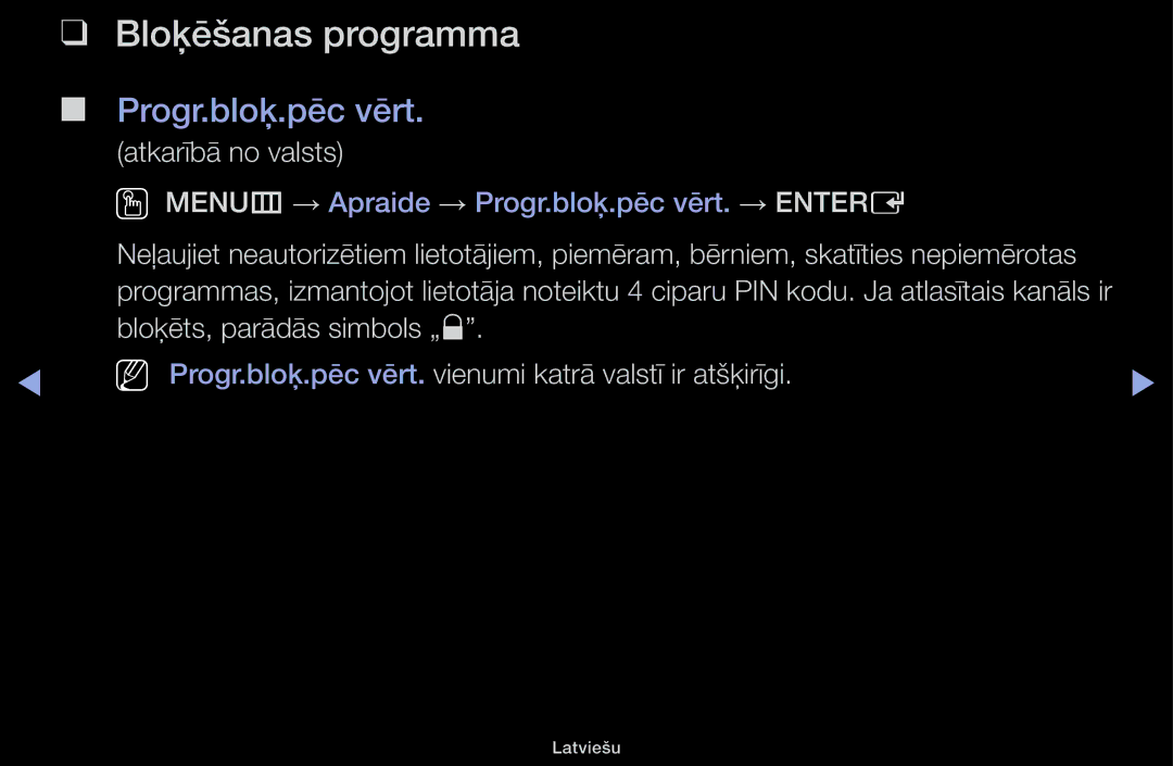 Samsung UE32H5030AWXXH, UE50J5100AWXBT, UE40H4200AWXXH, UE40H5030AWXXH manual Bloķēšanas programma, Progr.bloķ.pēc vērt 