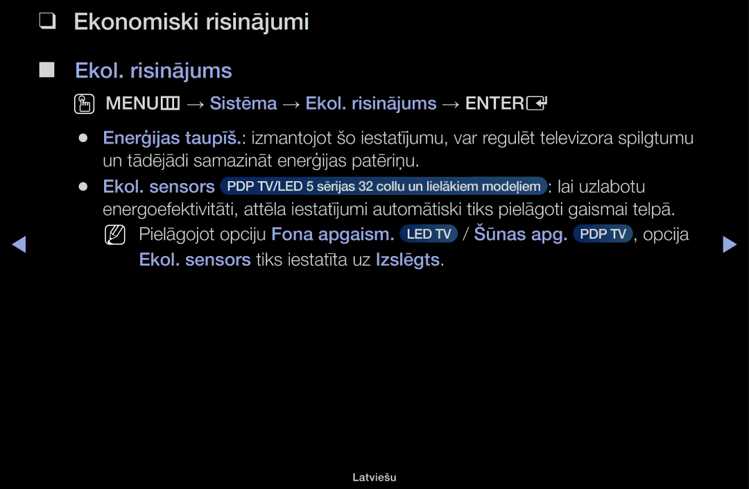 Samsung UE40H5000AKXBT, UE32H5030AWXXH, UE50J5100AWXBT, UE40H4200AWXXH manual Ekonomiski risinājumi, Ekol. risinājums 