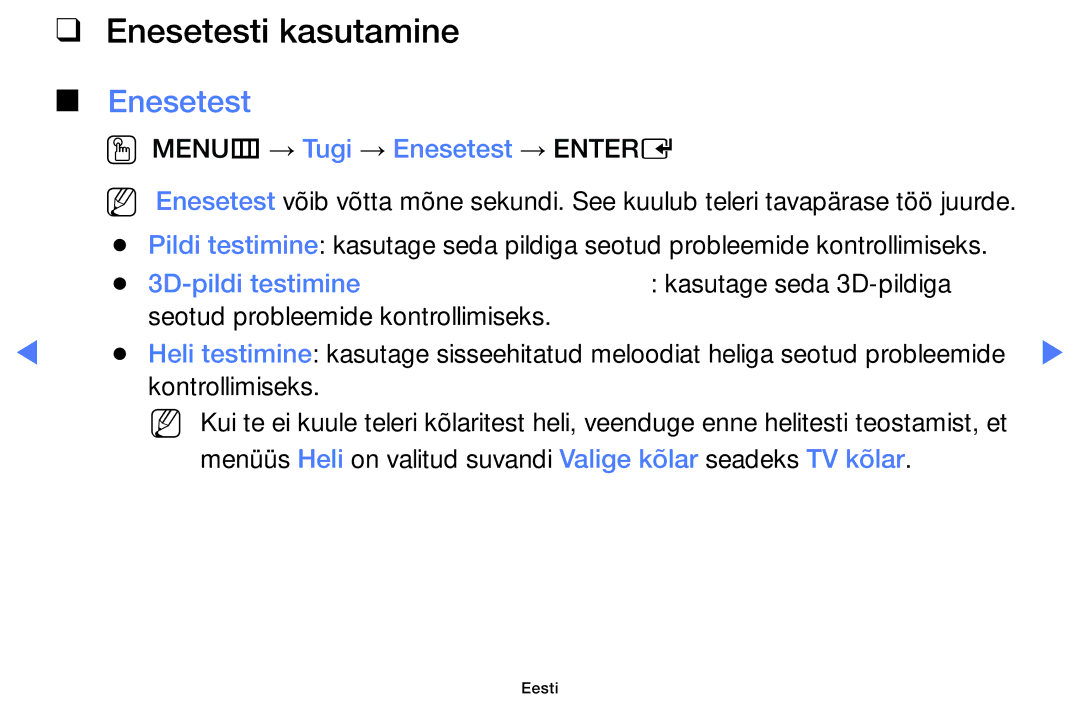 Samsung UE40H5000AKXBT, UE32H5030AWXXH, UE50J5100AWXBT, UE40H5030AWXXH manual Enesetesti kasutamine, 3D-pildi testimine 