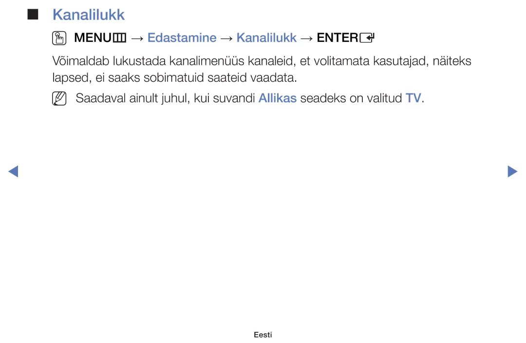 Samsung UE50J5100AWXBT, UE32H5030AWXXH, UE40H5030AWXXH, UE48H5030AWXXH manual OO MENUm → Edastamine → Kanalilukk → Entere 