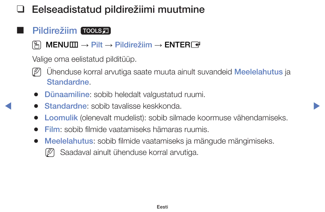 Samsung UE40H5000AKXBT manual Eelseadistatud pildirežiimi muutmine, Pildirežiim t, OO MENUm → Pilt → Pildirežiim → Entere 