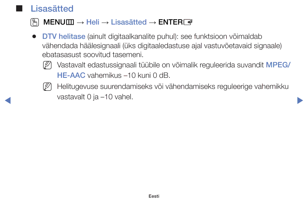 Samsung UE50J5100AWXBT, UE32H5030AWXXH, UE40H5030AWXXH, UE48H5030AWXXH manual OO MENUm → Heli → Lisasätted → Entere 