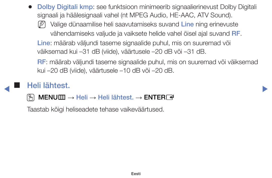 Samsung UE48H5030AWXXH, UE32H5030AWXXH, UE50J5100AWXBT, UE40H5030AWXXH manual OO MENUm → Heli → Heli lähtest. → Entere 