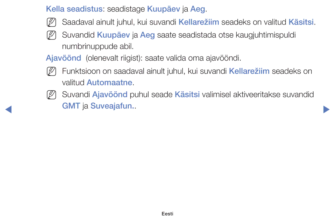 Samsung UE48H5000AWXBT, UE32H5030AWXXH Kella seadistus seadistage Kuupäev ja Aeg, Valitud Automaatne, GMT ja Suveajafun 