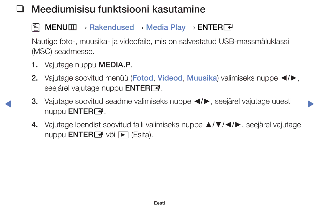 Samsung UE40H5000AKXBT, UE32H5030AWXXH Meediumisisu funktsiooni kasutamine, OO MENUm → Rakendused → Media Play → Entere 