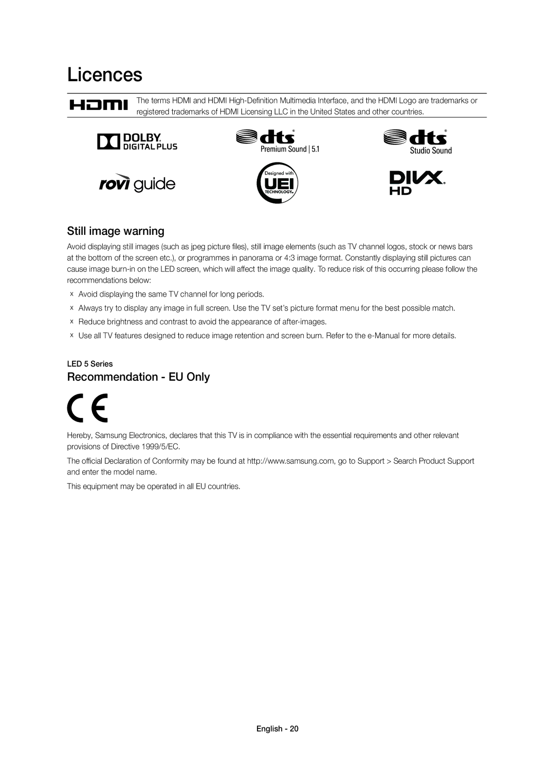 Samsung UE32H5303AWXXC, UE40H5303AWXXC manual Licences, Still image warning, Recommendation EU Only 