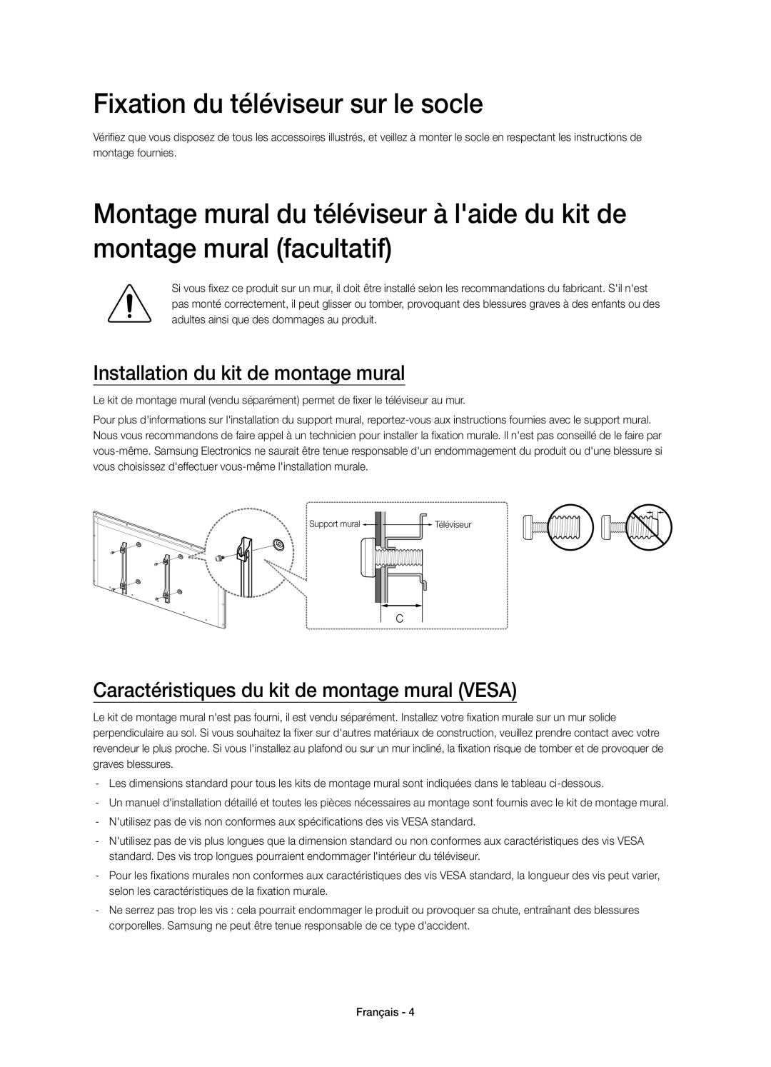 Samsung UE32H5303AWXXC, UE40H5303AWXXC manual Fixation du téléviseur sur le socle, Installation du kit de montage mural 