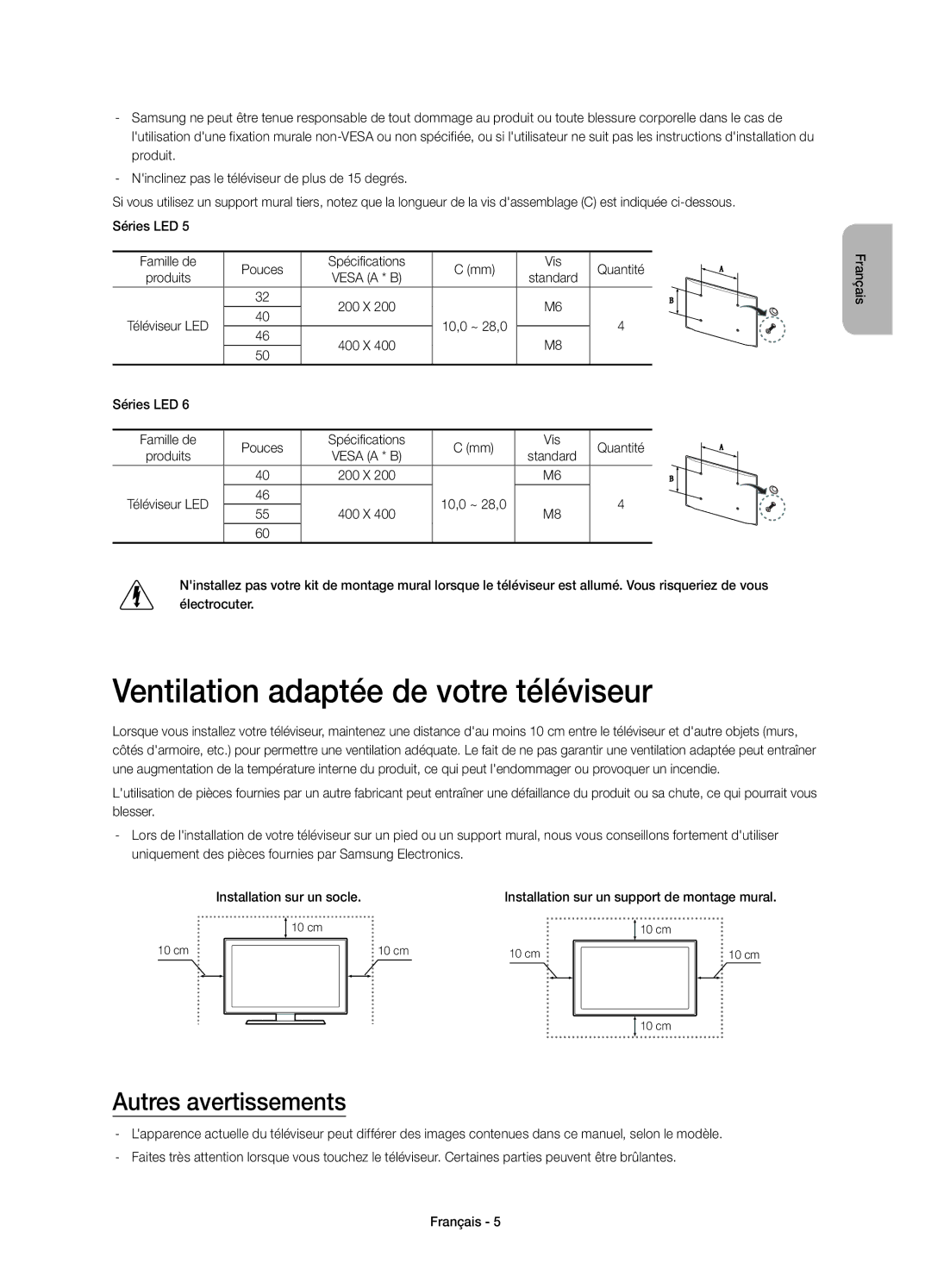 Samsung UE40H5303AWXXC, UE32H5303AWXXC manual Ventilation adaptée de votre téléviseur, Autres avertissements 