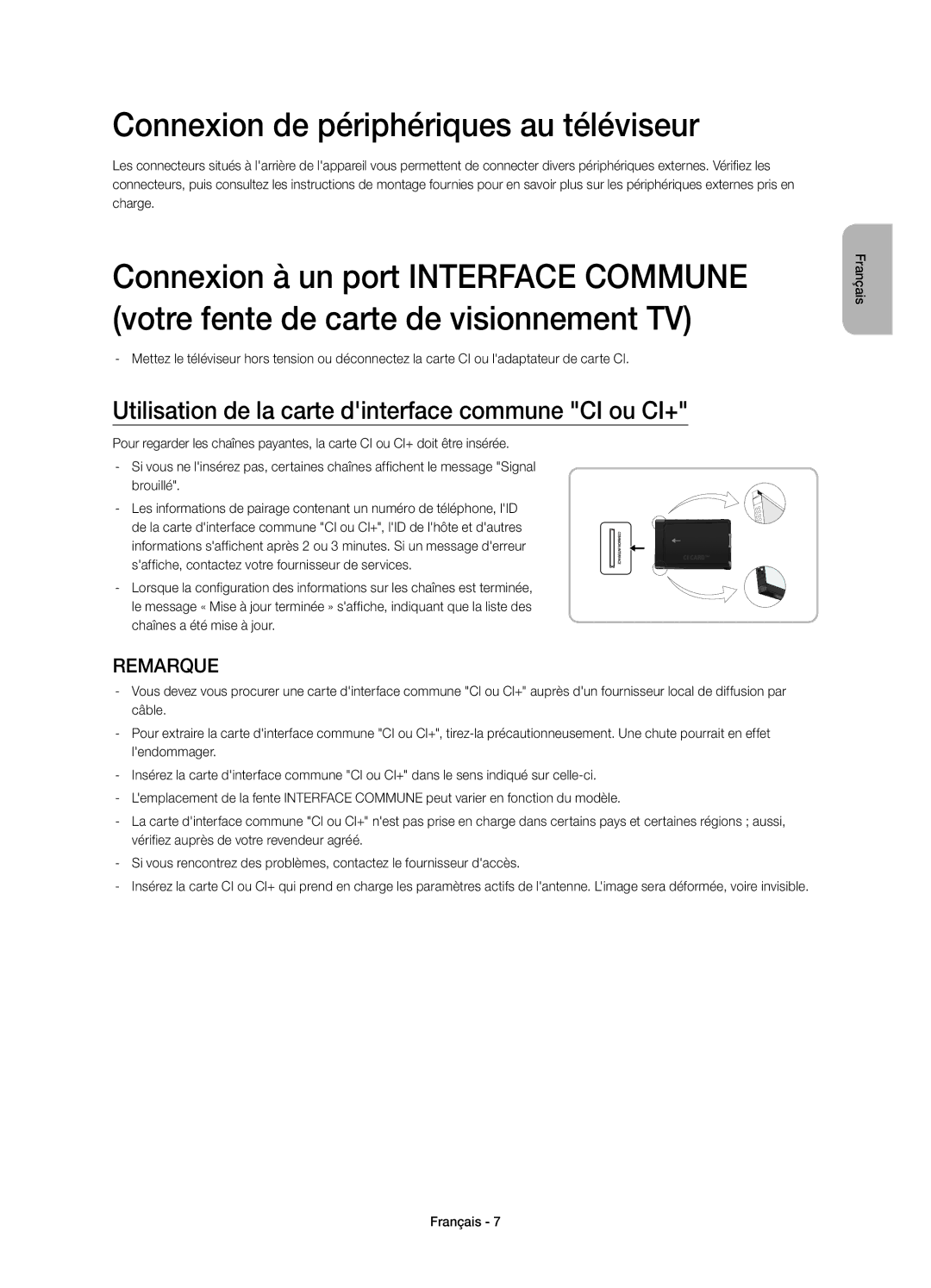 Samsung UE40H5303AWXXC Connexion de périphériques au téléviseur, Utilisation de la carte dinterface commune CI ou CI+ 