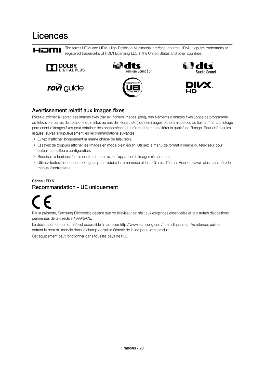 Samsung UE32H5303AWXXC, UE40H5303AWXXC manual Avertissement relatif aux images fixes, Recommandation UE uniquement 