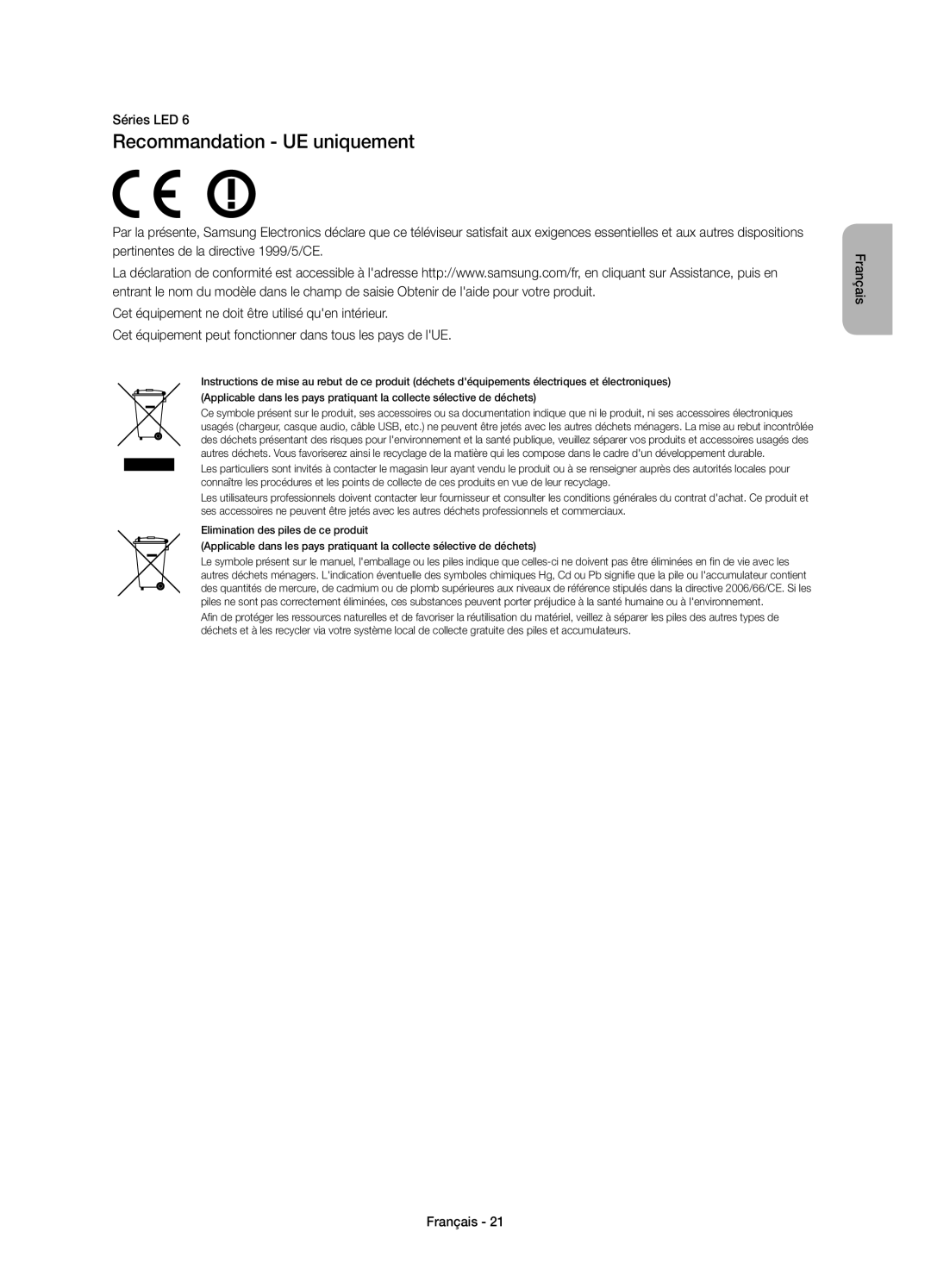 Samsung UE40H5303AWXXC, UE32H5303AWXXC manual Recommandation UE uniquement 