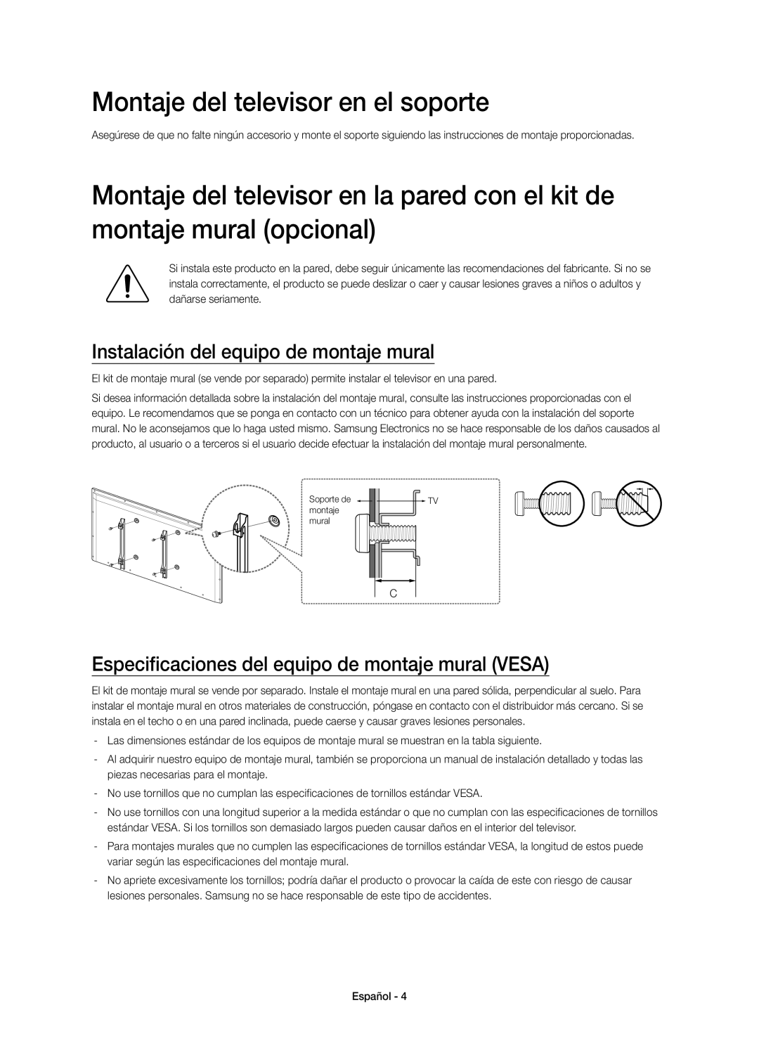 Samsung UE32H5303AWXXC, UE40H5303AWXXC manual Montaje del televisor en el soporte, Instalación del equipo de montaje mural 