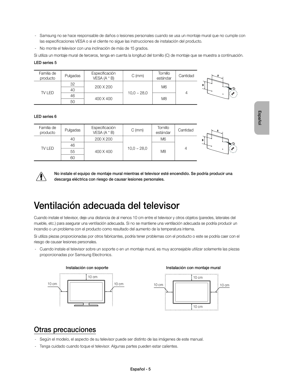 Samsung UE40H5303AWXXC, UE32H5303AWXXC manual Ventilación adecuada del televisor, Otras precauciones 