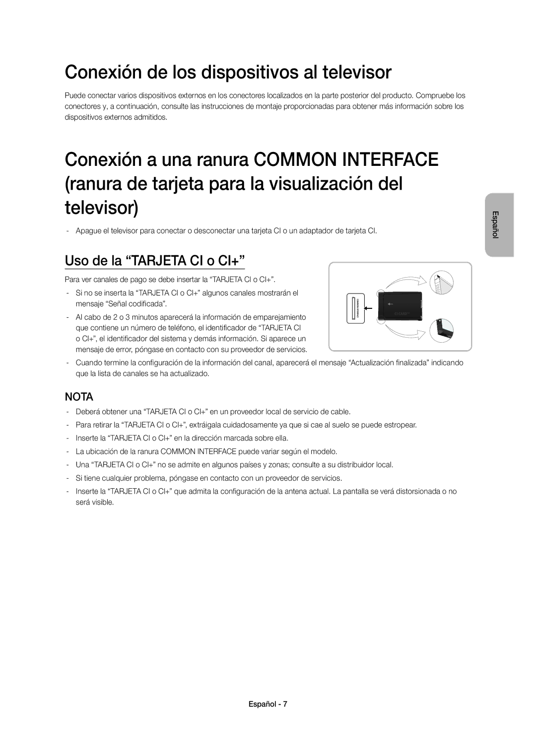 Samsung UE40H5303AWXXC, UE32H5303AWXXC manual Conexión de los dispositivos al televisor, Uso de la Tarjeta CI o CI+ 