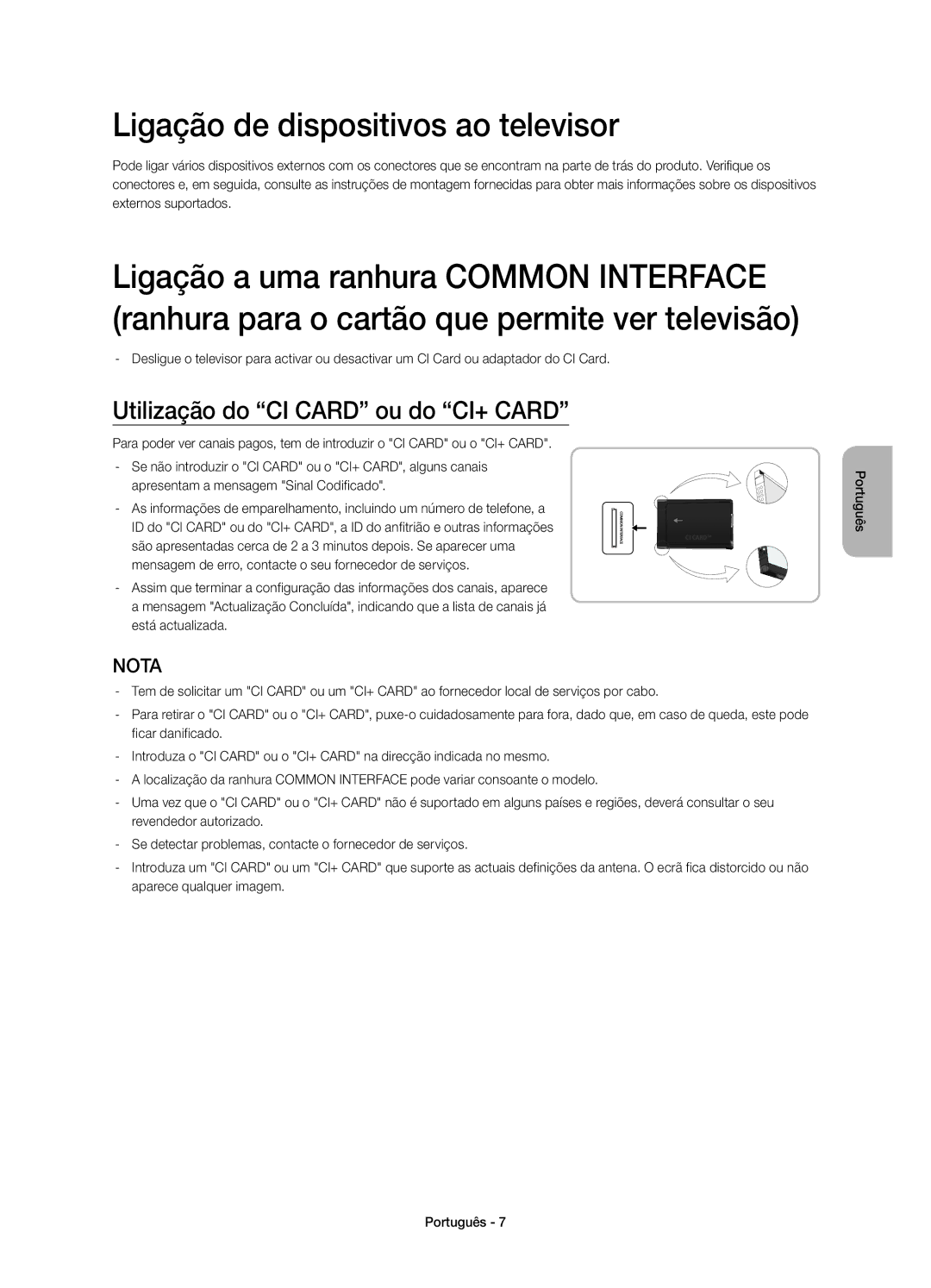 Samsung UE40H5303AWXXC, UE32H5303AWXXC manual Ligação de dispositivos ao televisor, Utilização do CI Card ou do CI+ Card 