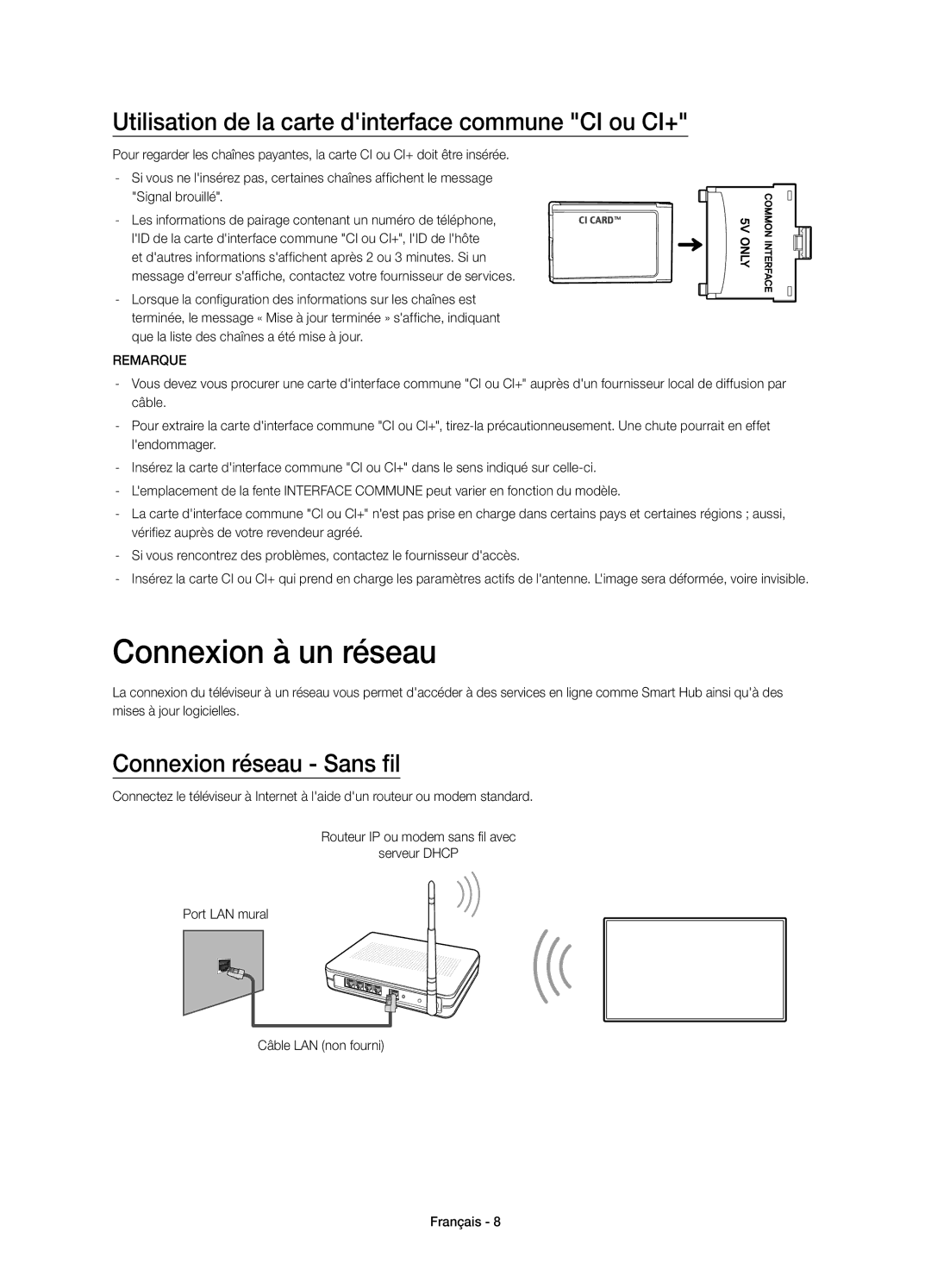 Samsung UE40H5570SSXXC, UE32H5570SSXXH manual Connexion à un réseau, Utilisation de la carte dinterface commune CI ou CI+ 