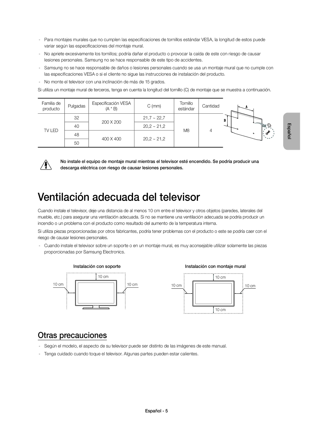 Samsung UE32H5570SSXXC, UE32H5570SSXXH, UE40H5570SSXXH manual Ventilación adecuada del televisor, Otras precauciones 