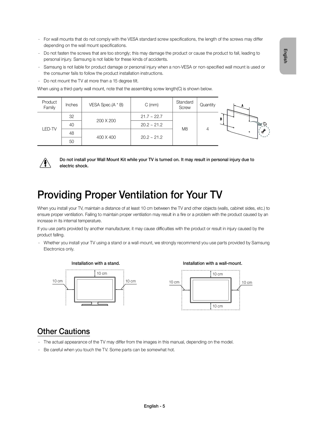 Samsung UE32H5570SSXXC, UE32H5570SSXXH, UE40H5570SSXXH manual Providing Proper Ventilation for Your TV, Other Cautions 