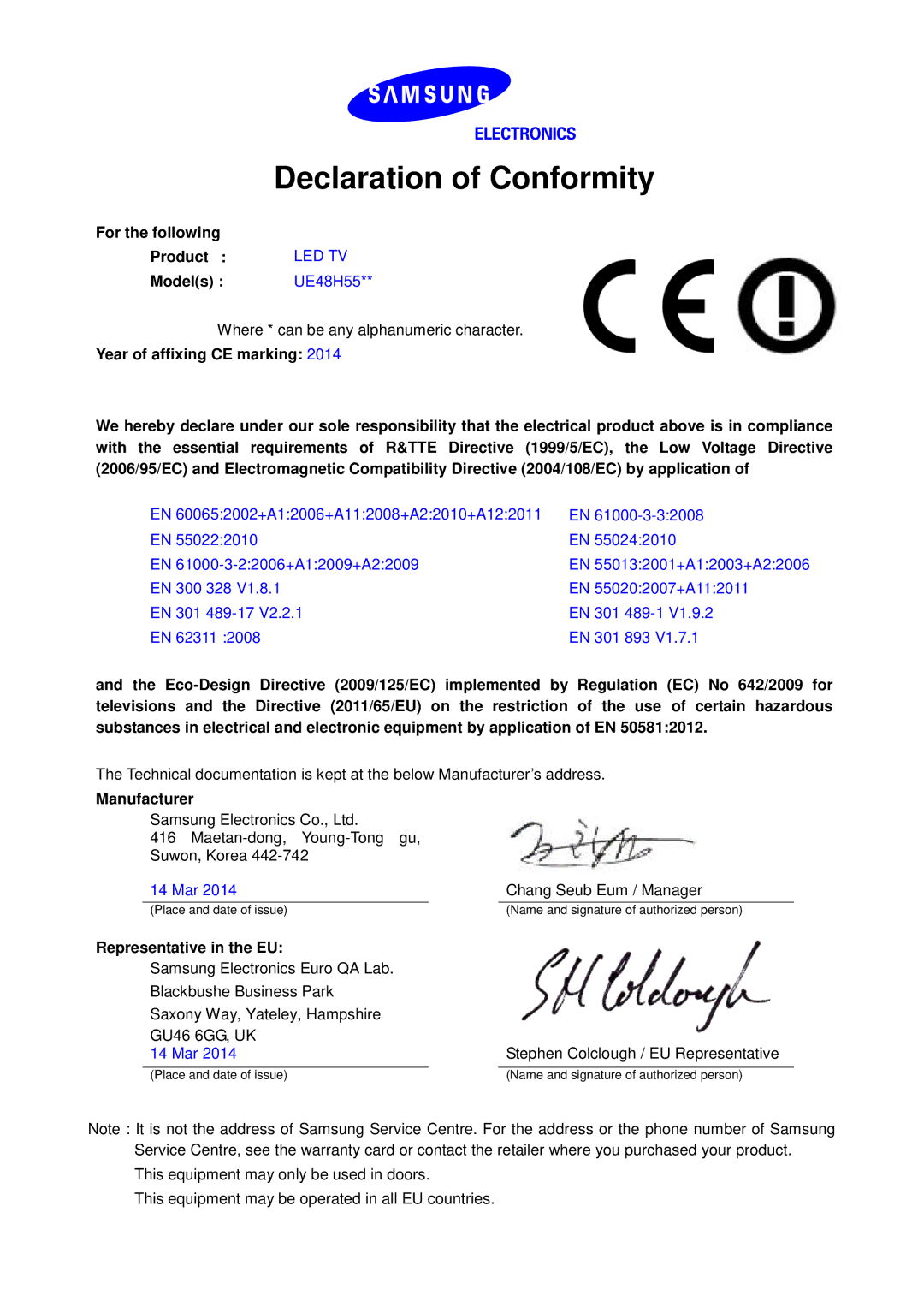 Samsung UE48H5510SSXZG, UE32H5570SSXZG, UE50H5570SSXZG, UE48H5570SSXZG manual Declaration of Conformity, Led Tv 