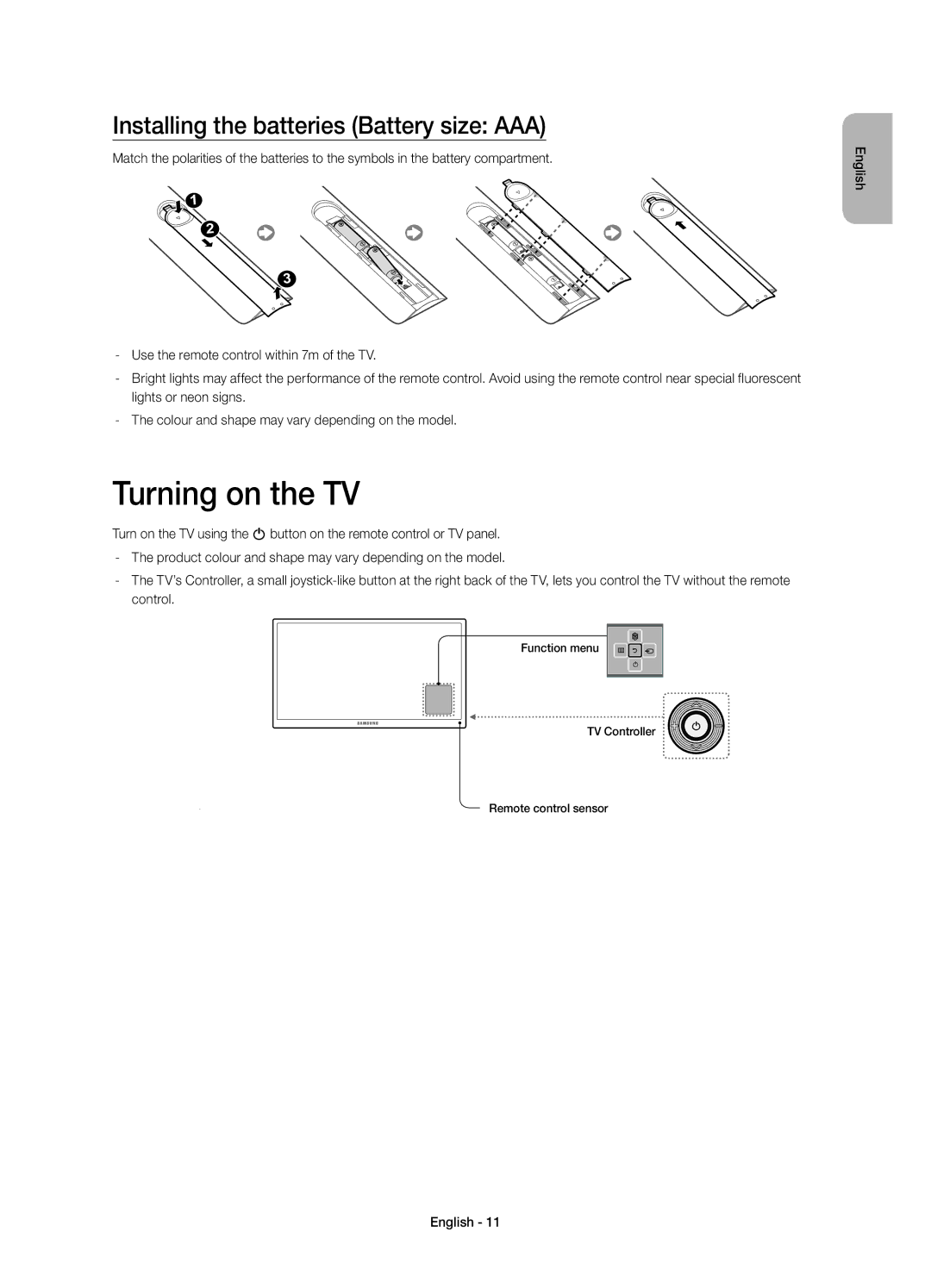 Samsung UE48H5570SSXZG, UE32H5570SSXZG, UE48H5510SSXZG manual Turning on the TV, Installing the batteries Battery size AAA 