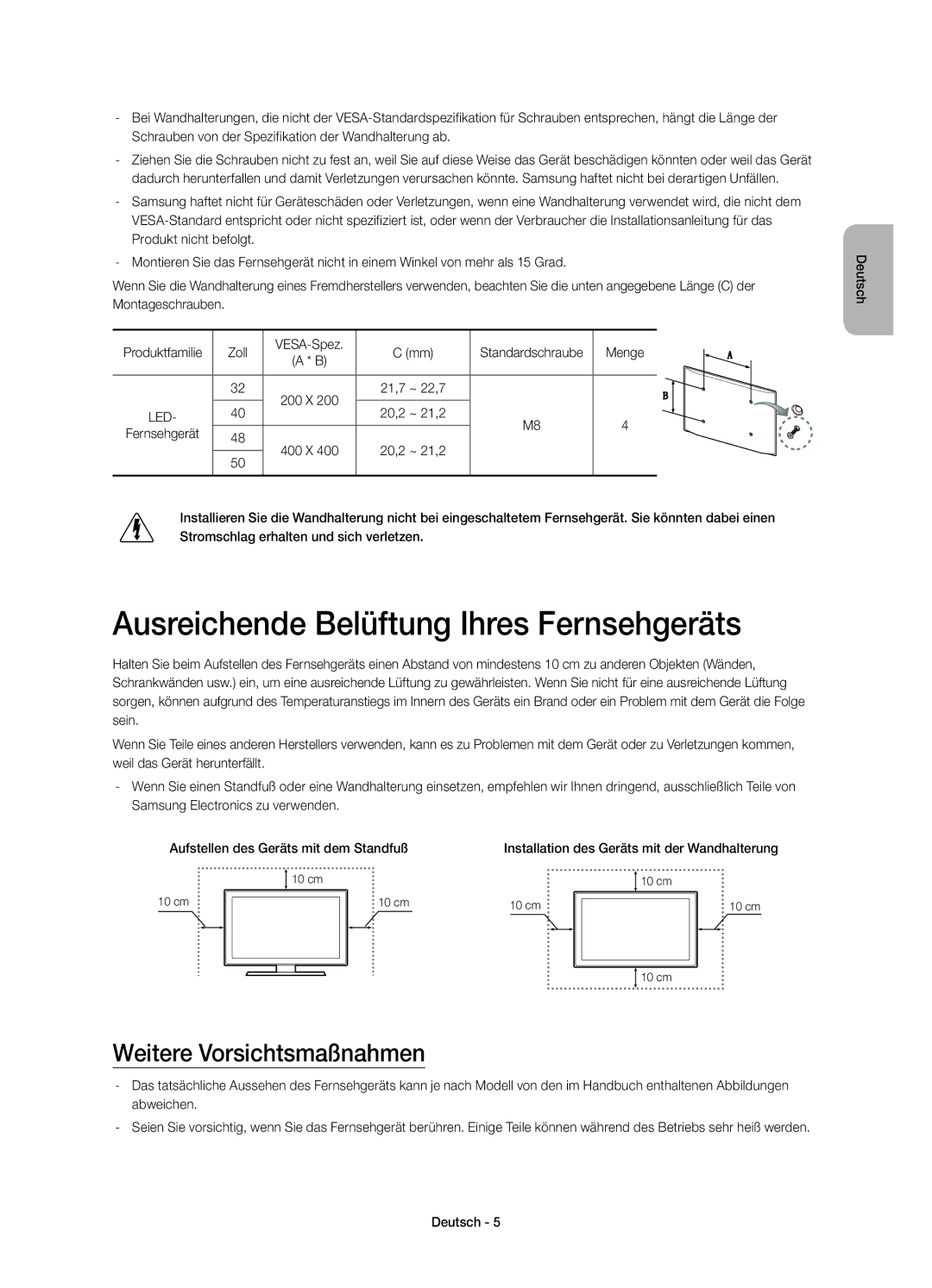 Samsung UE48H5510SSXZG, UE32H5570SSXZG manual Ausreichende Belüftung Ihres Fernsehgeräts, Weitere Vorsichtsmaßnahmen 