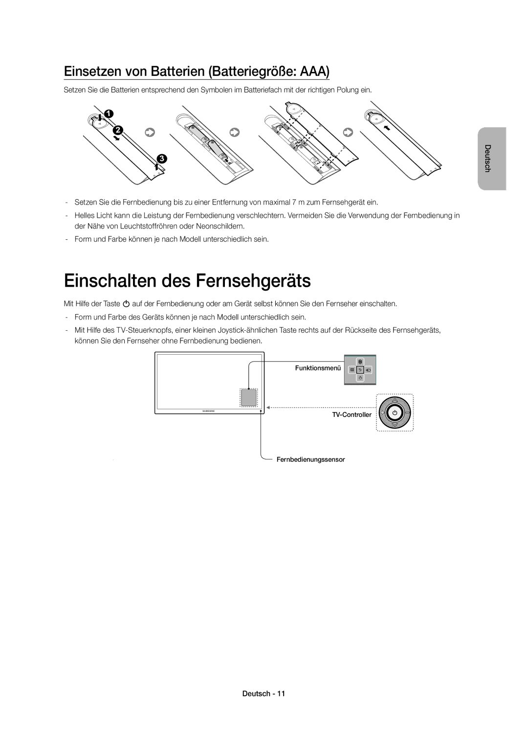 Samsung UE40H5510SSXZF, UE32H5570SSXZG manual Einschalten des Fernsehgeräts, Einsetzen von Batterien Batteriegröße AAA 