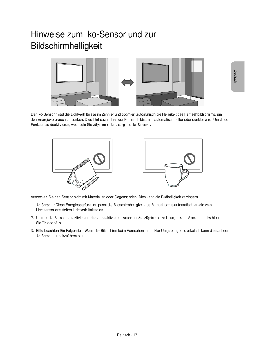 Samsung UE40H5510SSXZG, UE32H5570SSXZG, UE48H5510SSXZG, UE50H5570SSXZG Hinweise zum Öko-Sensor und zur Bildschirmhelligkeit 