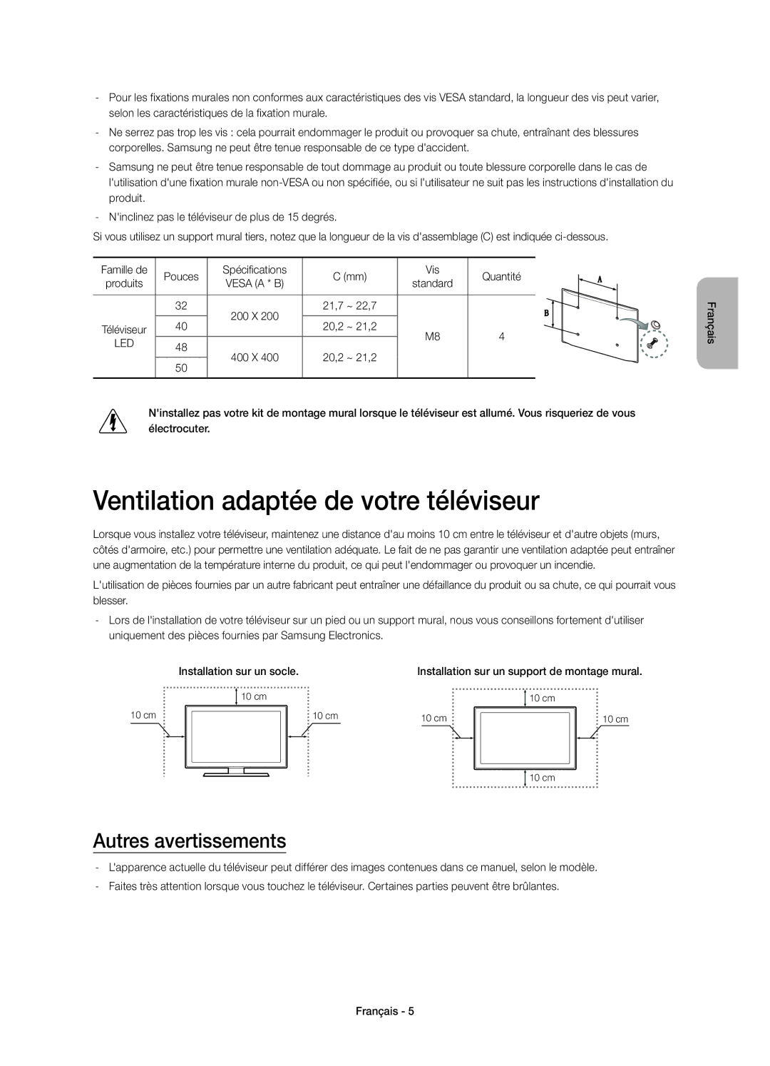 Samsung UE40H5510SSXZG, UE32H5570SSXZG, UE48H5510SSXZG manual Ventilation adaptée de votre téléviseur, Autres avertissements 