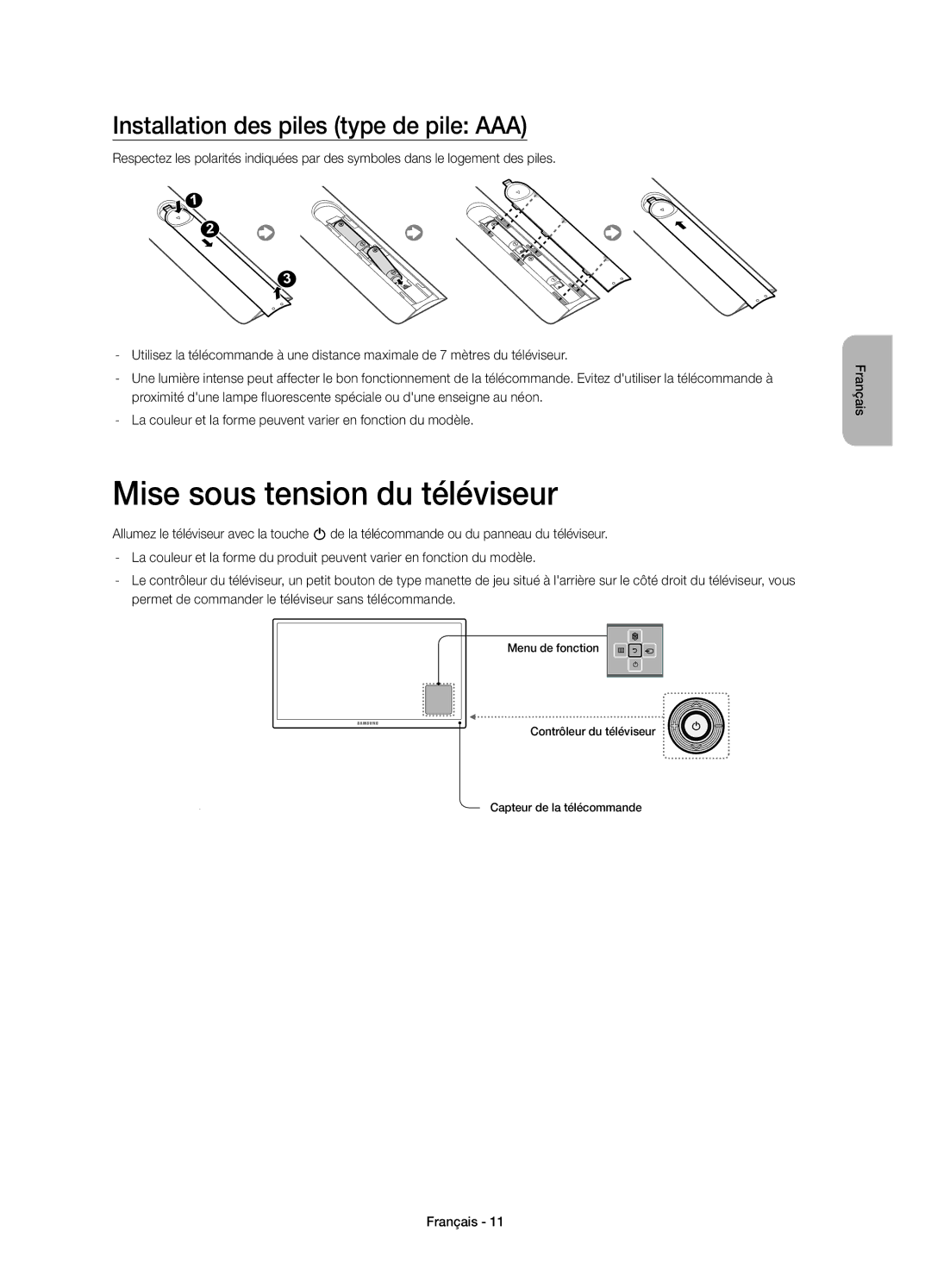 Samsung UE48H5570SSXZG, UE32H5570SSXZG manual Mise sous tension du téléviseur, Installation des piles type de pile AAA 