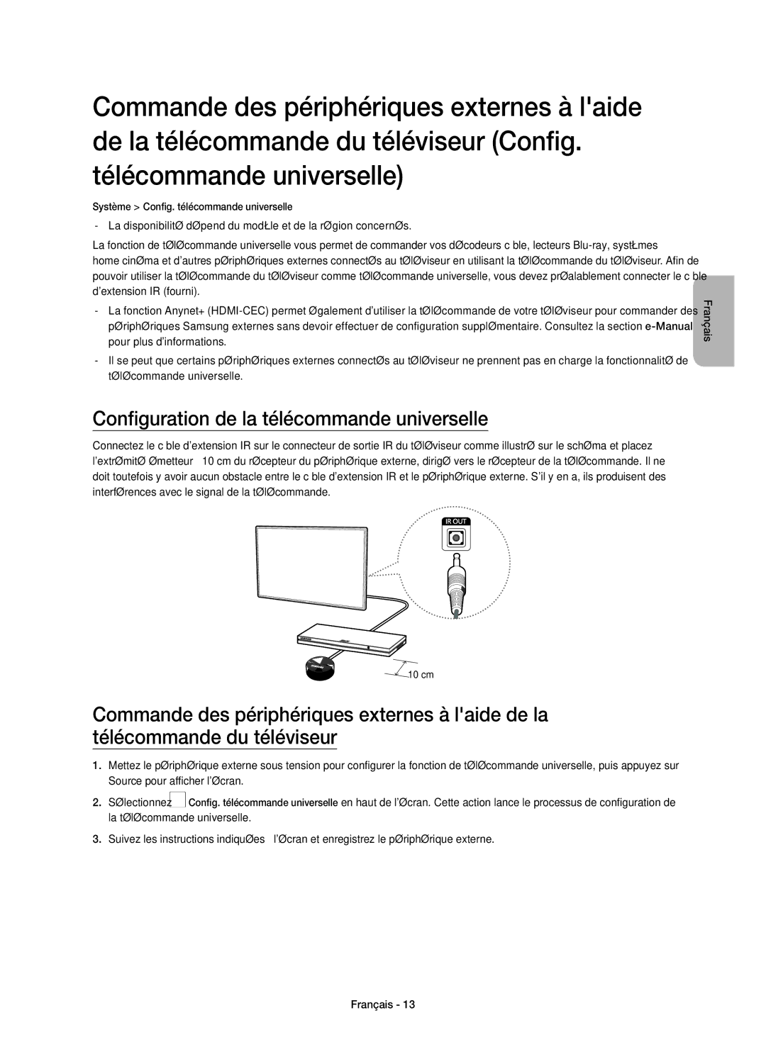 Samsung UE40H5510SSXZG, UE32H5570SSXZG, UE48H5510SSXZG, UE50H5570SSXZG manual Configuration de la télécommande universelle 