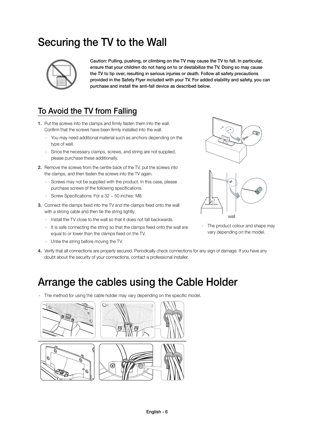 Samsung UE48H5510SSXZF, UE32H5570SSXZG manual Securing the TV to the Wall, Arrange the cables using the Cable Holder 