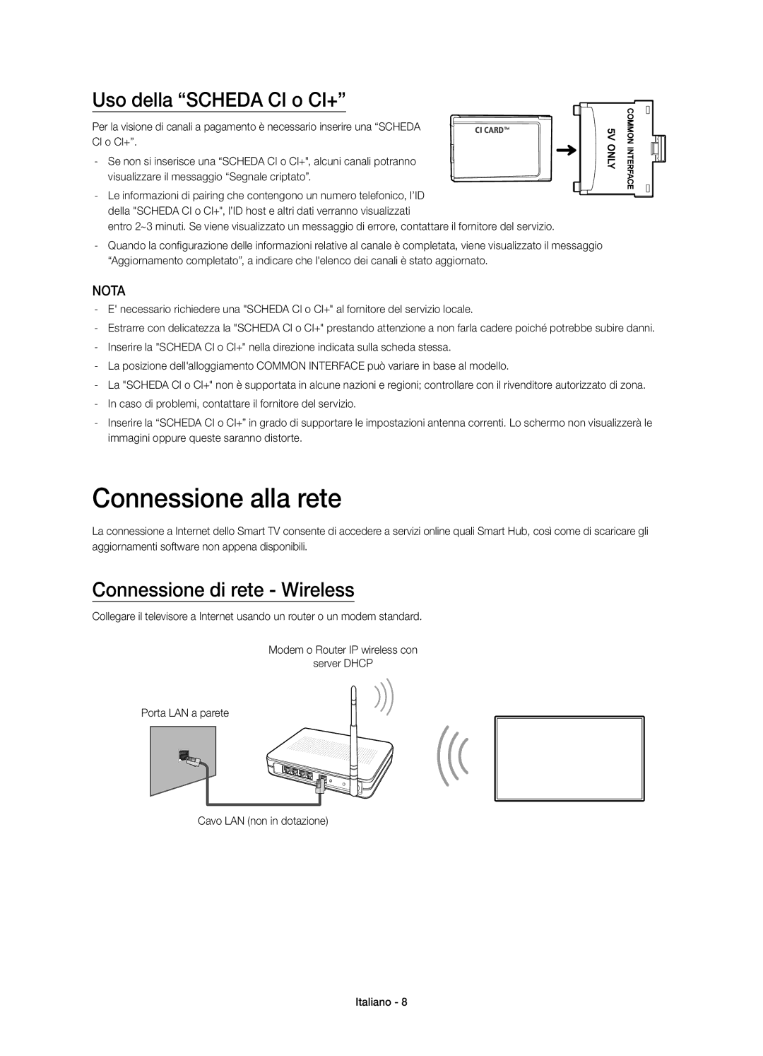 Samsung UE40H5570SSXZG, UE32H5570SSXZG manual Connessione alla rete, Uso della Scheda CI o CI+, Connessione di rete Wireless 