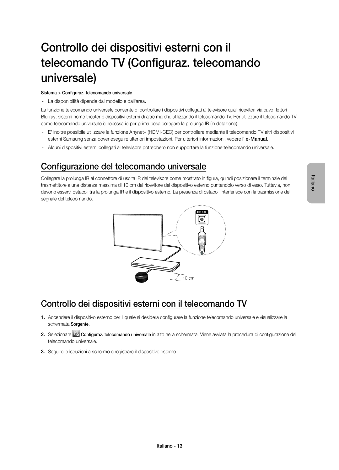 Samsung UE48H5510SSXZG Configurazione del telecomando universale, Controllo dei dispositivi esterni con il telecomando TV 