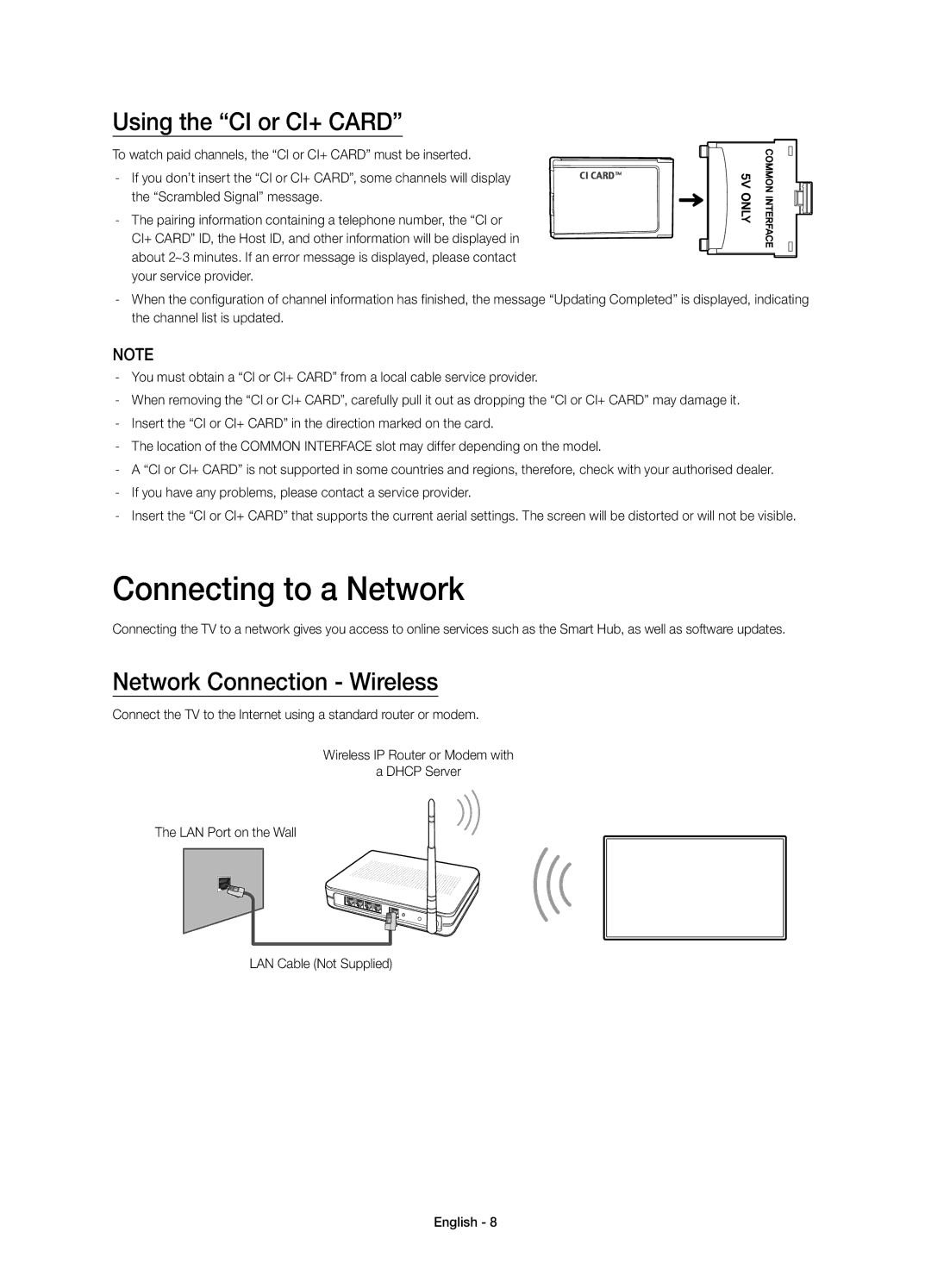 Samsung UE32H5570SSXZG, UE48H5510SSXZG manual Connecting to a Network, Using the CI or CI+ Card, Network Connection Wireless 