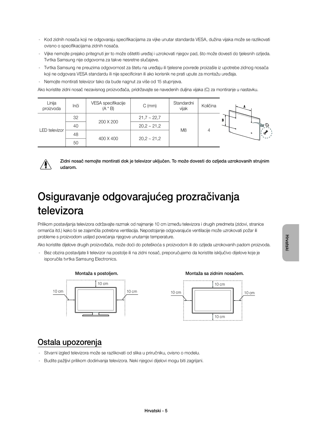 Samsung UE32H5500AWXXC, UE32H5570SSXZG manual Osiguravanje odgovarajućeg prozračivanja televizora, Ostala upozorenja 