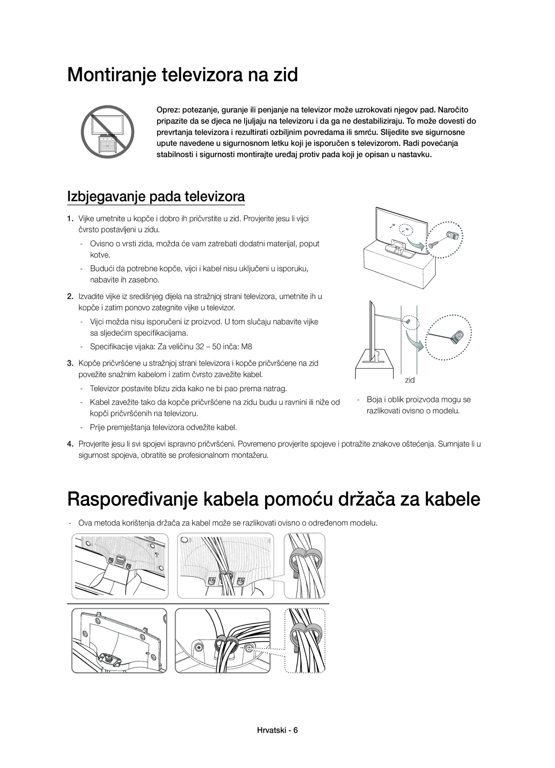 Samsung UE40H5510SSXXH, UE32H5570SSXZG manual Montiranje televizora na zid, Raspoređivanje kabela pomoću držača za kabele 