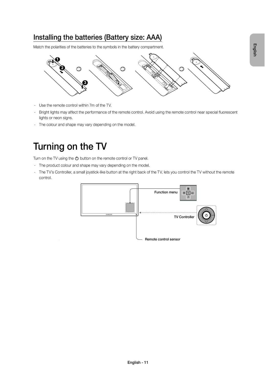 Samsung UE48H5510SSXZF, UE32H5570SSXZG, UE48H5510SSXZG manual Turning on the TV, Installing the batteries Battery size AAA 