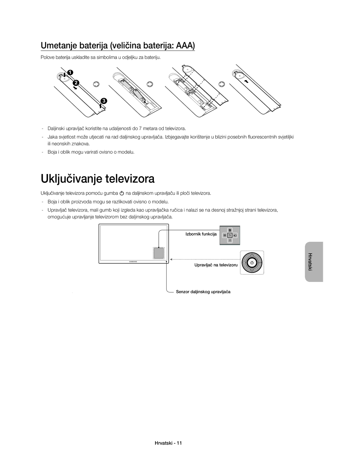 Samsung UE50H5570SSXXH, UE32H5570SSXZG, UE48H5510SSXZG Uključivanje televizora, Umetanje baterija veličina baterija AAA 