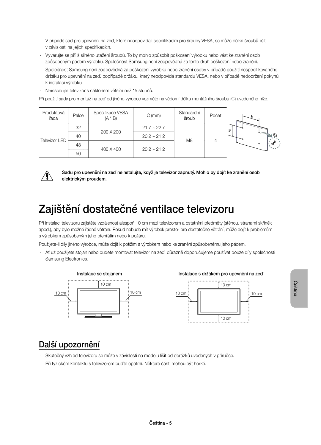 Samsung UE50H5500AWXXH, UE32H5570SSXZG, UE48H5510SSXZG manual Zajištění dostatečné ventilace televizoru, Další upozornění 