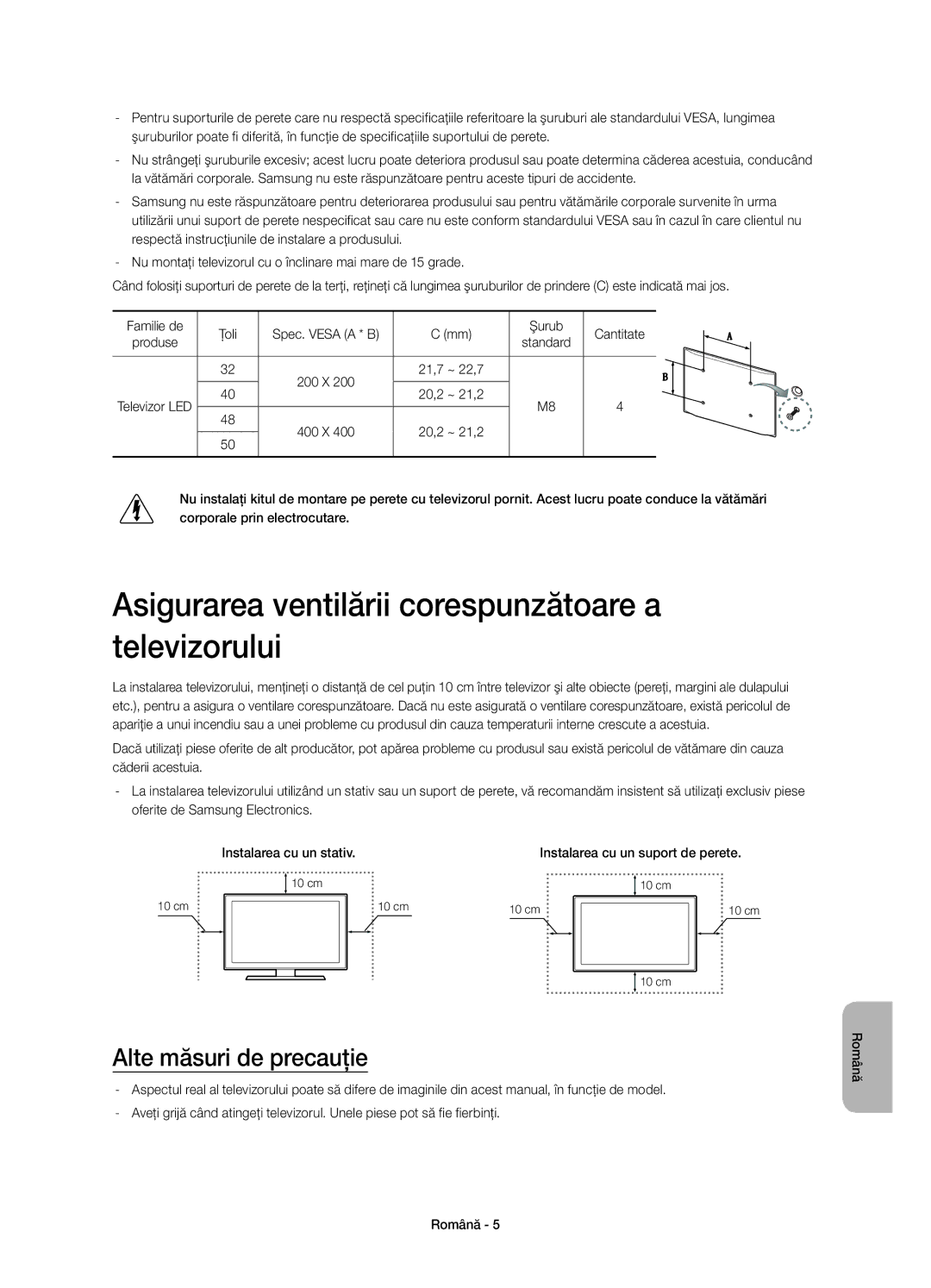 Samsung UE48H5500AWXXH Asigurarea ventilării corespunzătoare a televizorului, Alte măsuri de precauţie, Şurub Cantitate 