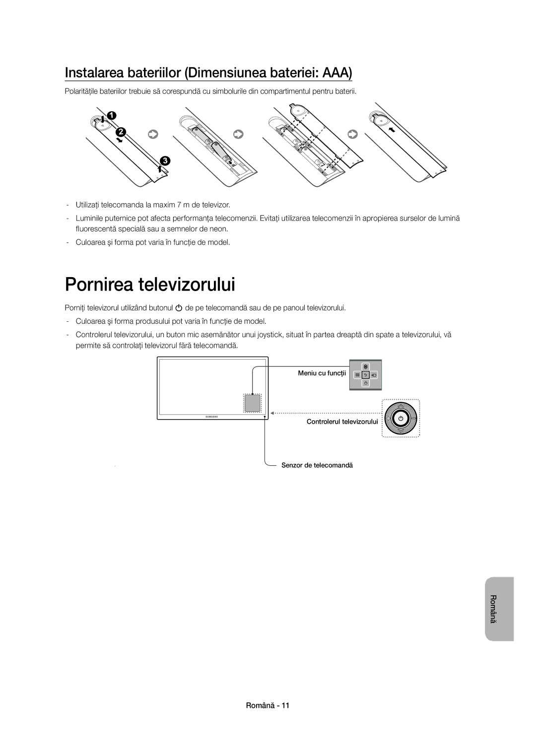 Samsung UE40H5510SSXZF, UE32H5570SSXZG manual Pornirea televizorului, Instalarea bateriilor Dimensiunea bateriei AAA 