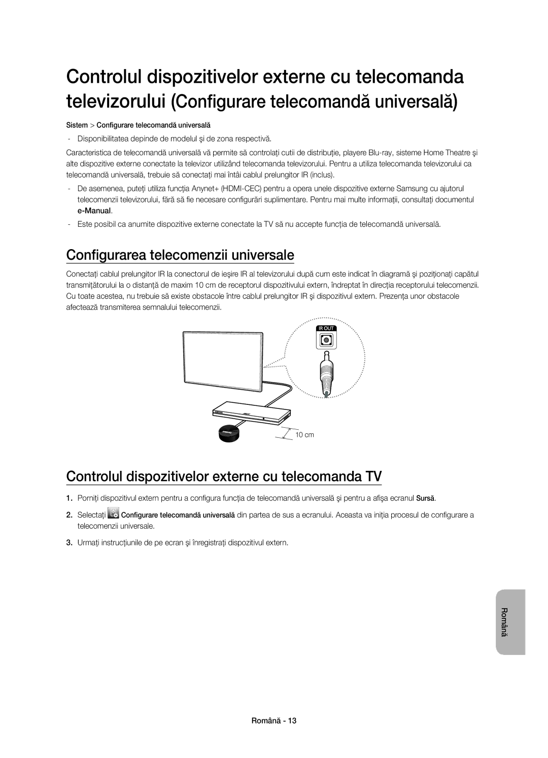 Samsung UE32H5570SSXXH manual Configurarea telecomenzii universale, Controlul dispozitivelor externe cu telecomanda TV 