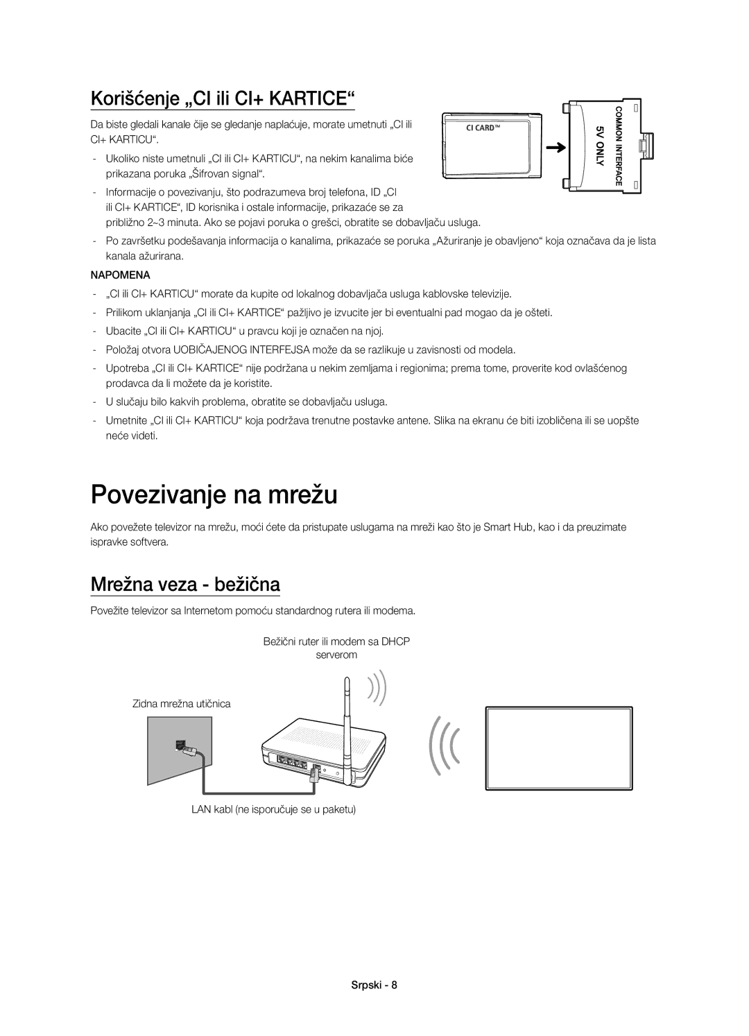 Samsung UE32H5500AWXXN, UE32H5570SSXZG manual Povezivanje na mrežu, Korišćenje „CI ili CI+ Kartice, Mrežna veza bežična 