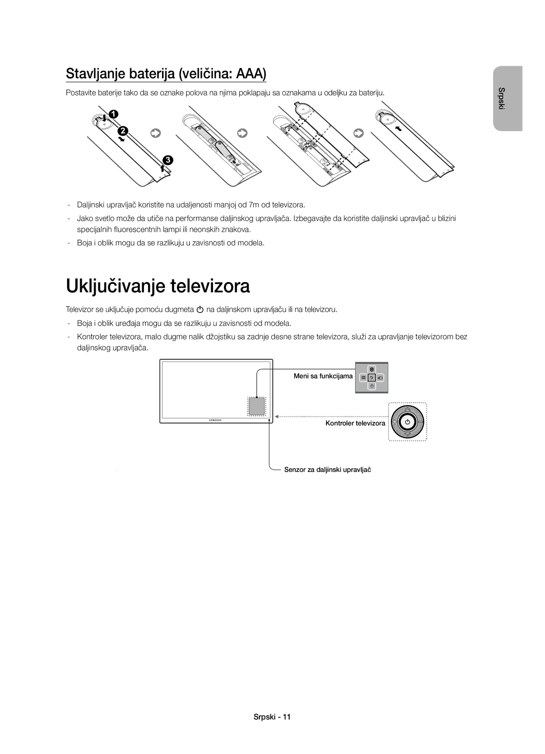 Samsung UE40H5510SSXXN, UE32H5570SSXZG, UE48H5510SSXZG manual Uključivanje televizora, Stavljanje baterija veličina AAA 