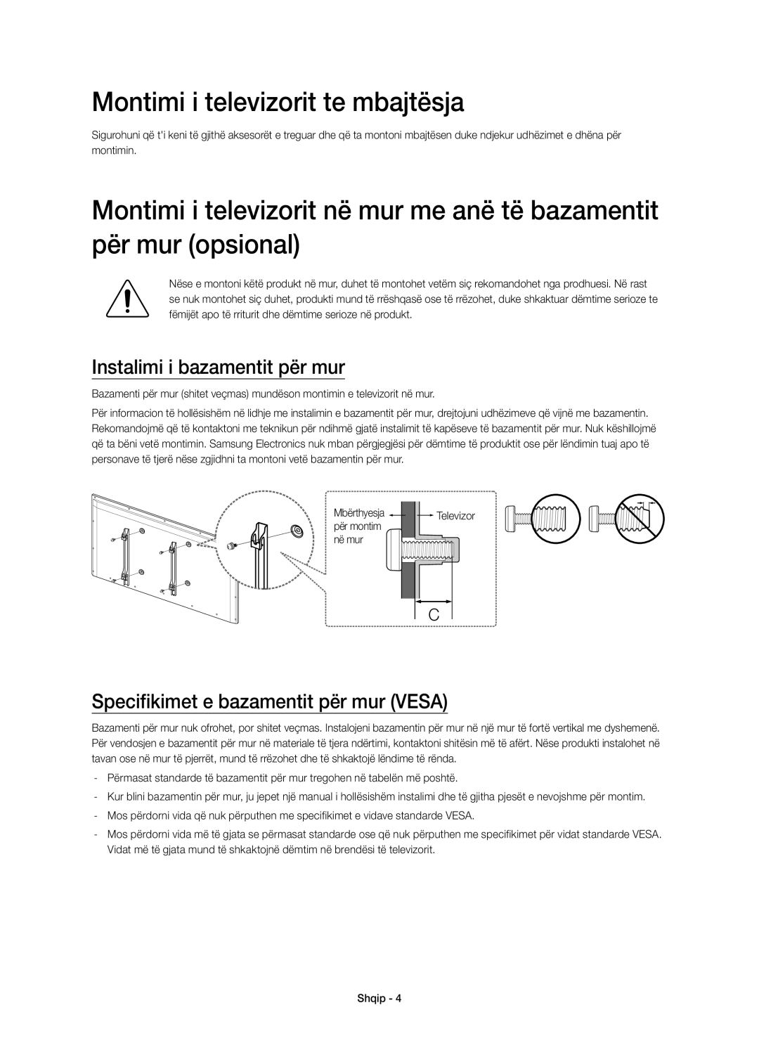 Samsung UE48H5500AWXXH manual Montimi i televizorit te mbajtësja, Instalimi i bazamentit për mur, Për montim Në mur 