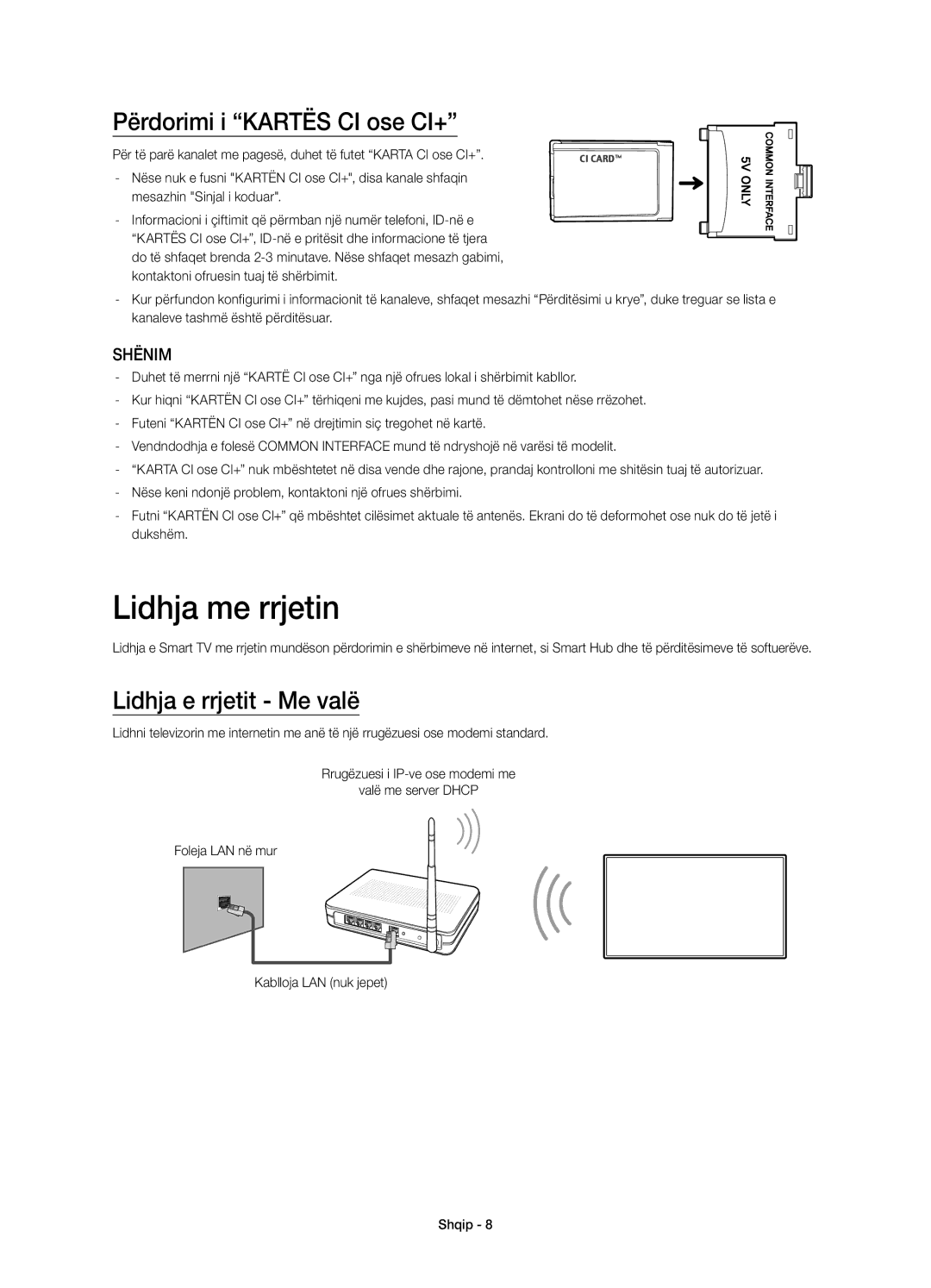 Samsung UE32H5500AWXZF, UE32H5570SSXZG manual Lidhja me rrjetin, Përdorimi i Kartës CI ose CI+, Lidhja e rrjetit Me valë 